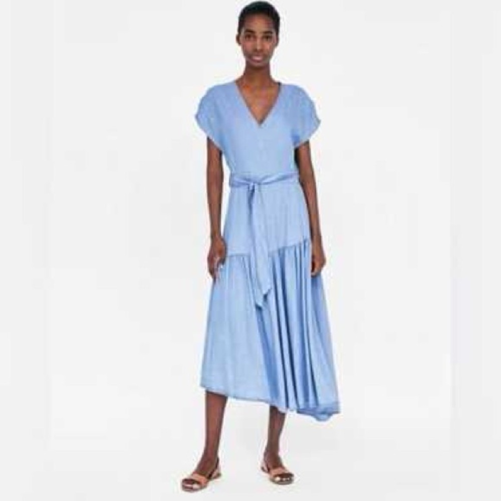 ZARA Toscana Dress Asymmetrical M Ruffle V-Neck Cap Sleeves Chambray Midi NEW